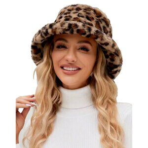 Leopard Print Faux Fur Bucket Hat - Brown